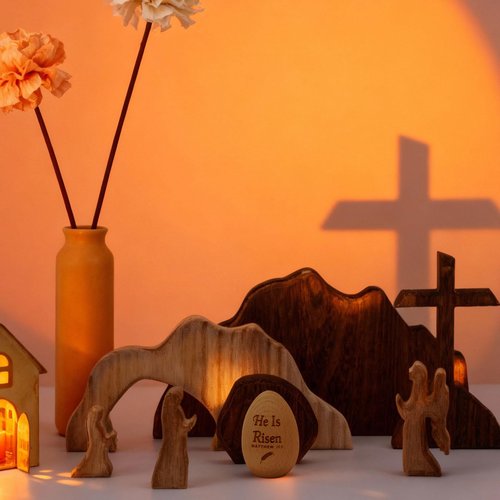 BrightRow Empty Tomb Easter Scene and Christian Cross Decorations Wooden He is Risen Easter Egg Jesus Resurrection Scene Tomb Tabletop for Religious Christian Home Office Indoor Decor