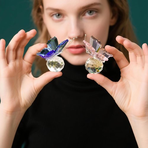 Kanpura Crystal Butterfly Figurines - Elegant Glass Statues with Clear Ball Base | 2 Pcs Set in Pink for Home Decor