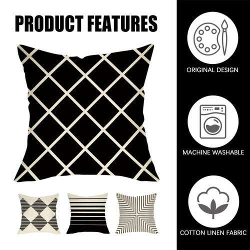 Fahrendom Modern Geometric Decorative Throw Pillow Covers 18 x 18 Set of 4, Black White Striped Porch Patio Outdoor Pillowcase, Abstract Minimalist Farmhouse Sofa Couch Cushion Case Home Decor