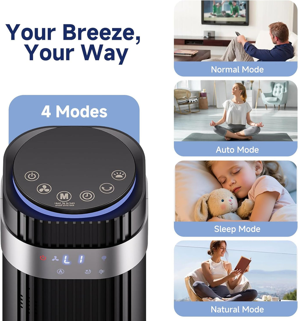 OLIXIS Tower Fan - Quiet 28dB Bladeless Oscillating Fan with Remote, 12H Timer, 5 Speeds | Black