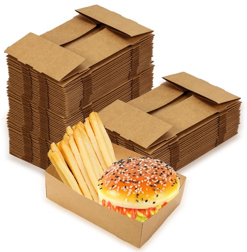 Nexboraque 100 Pack Disposable Paper Trays, Rectangular Kraft Food Containers Foldable Boxes, 4 Corner Pop Up Cardboard Food Trays for Fast Food, Nacho, Snack, Stadiums, Theaters, Brown