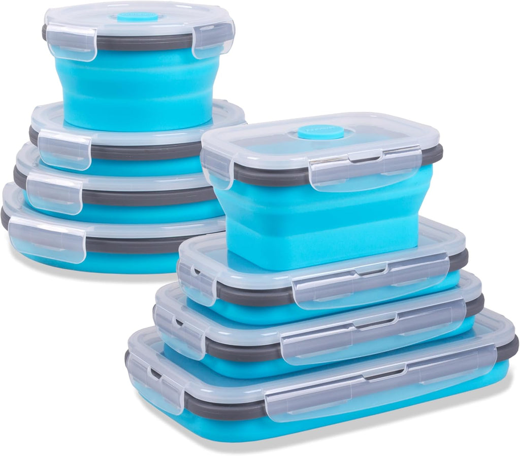 Skiennix Collapsible Food Storage Containers - 8 Pack Silicone Set for Camping & RV | Microwave & Dishwasher Safe, Blue
