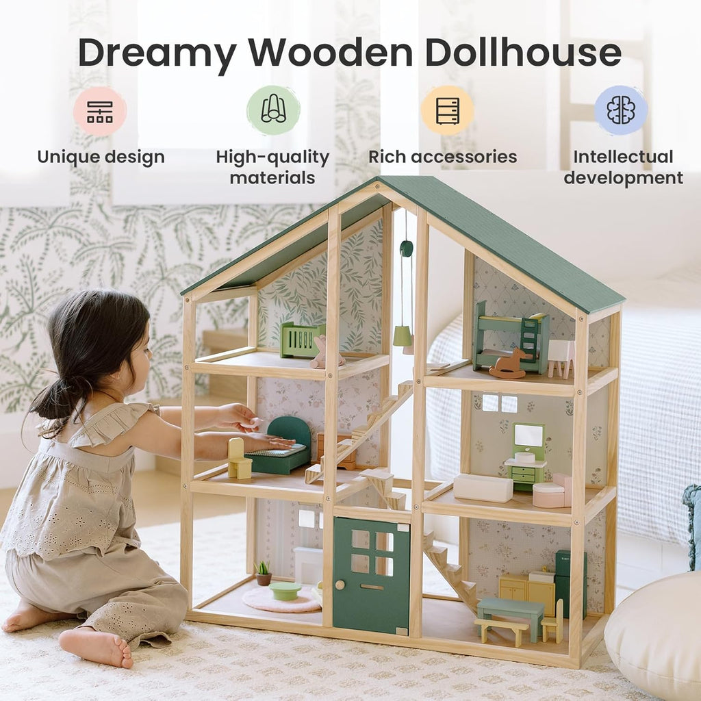 Tiny Land Wooden Dollhouse - 6 Rooms DIY Doll House with 31 Furniture Accessories | Creative Gift for Girls Ages 3+ - Green