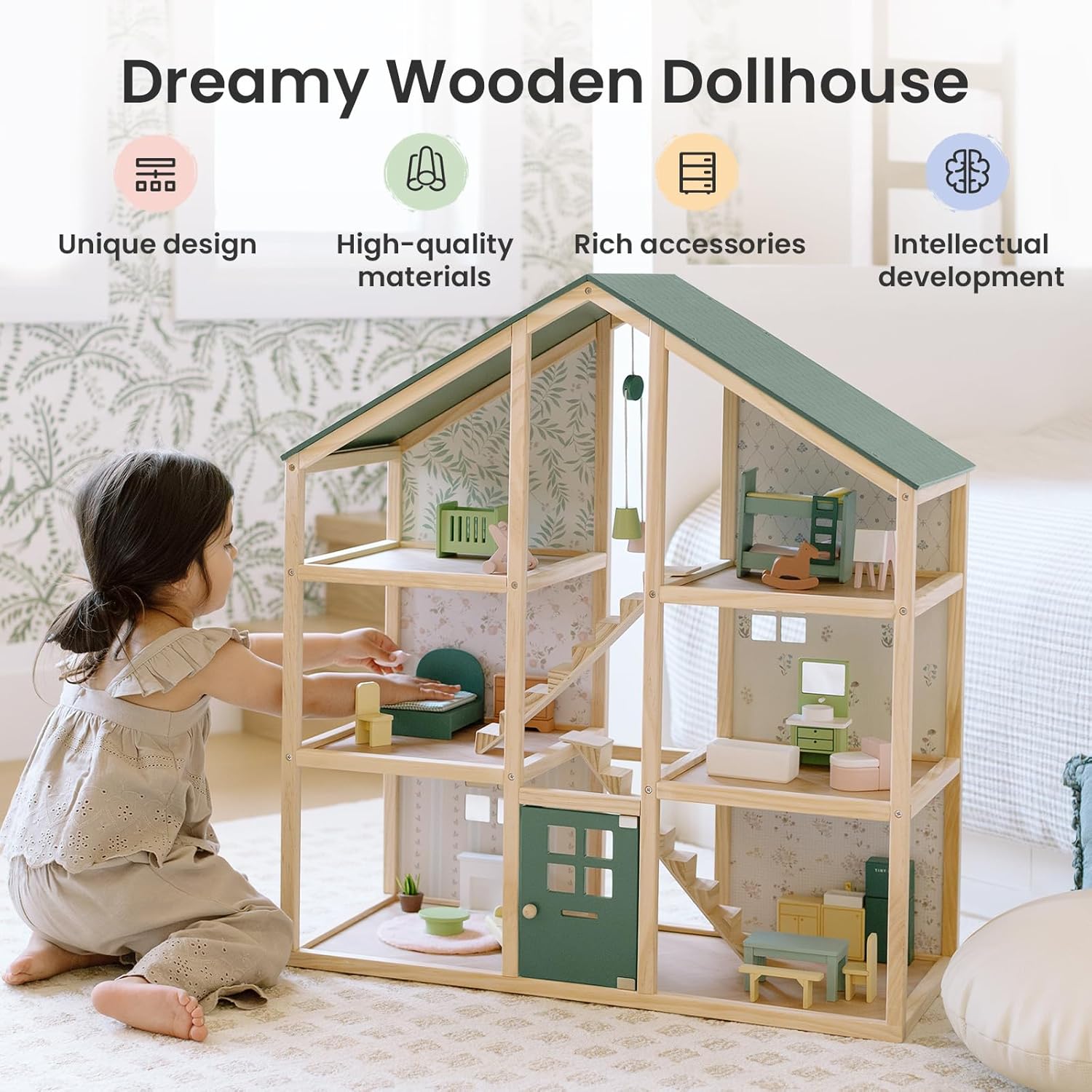 Tiny Land Wooden Dollhouse - 6 Rooms DIY Doll House with 31 Furniture Accessories | Creative Gift for Girls Ages 3+ - Green