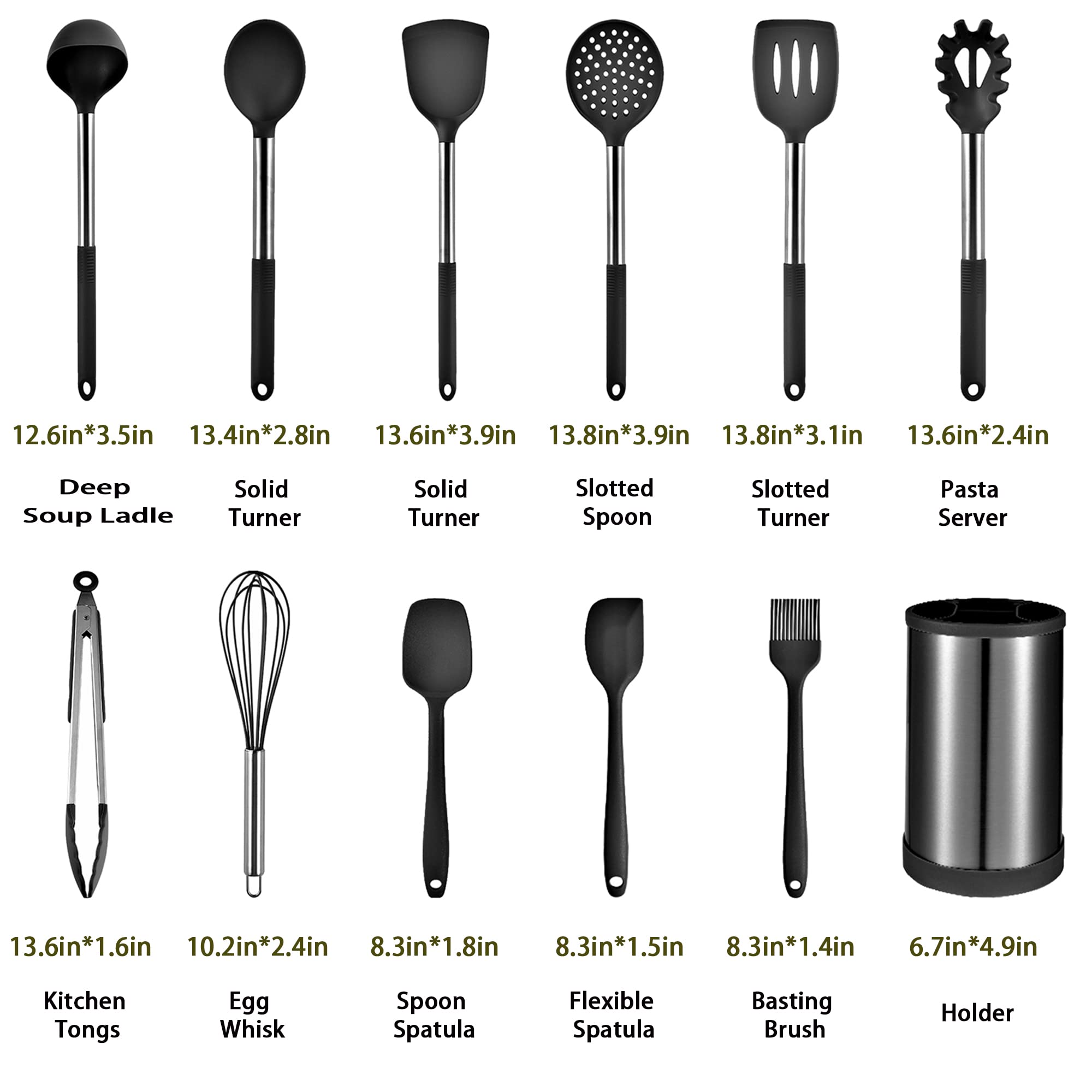 Keidason Kitchen Cooking Utensils Set, 12-piece Non-stick Kitchen Silicone Utensils Set Heat-resistant Stainless Steel Handle,BPA-Free, Kitchen Tool Set (Black)