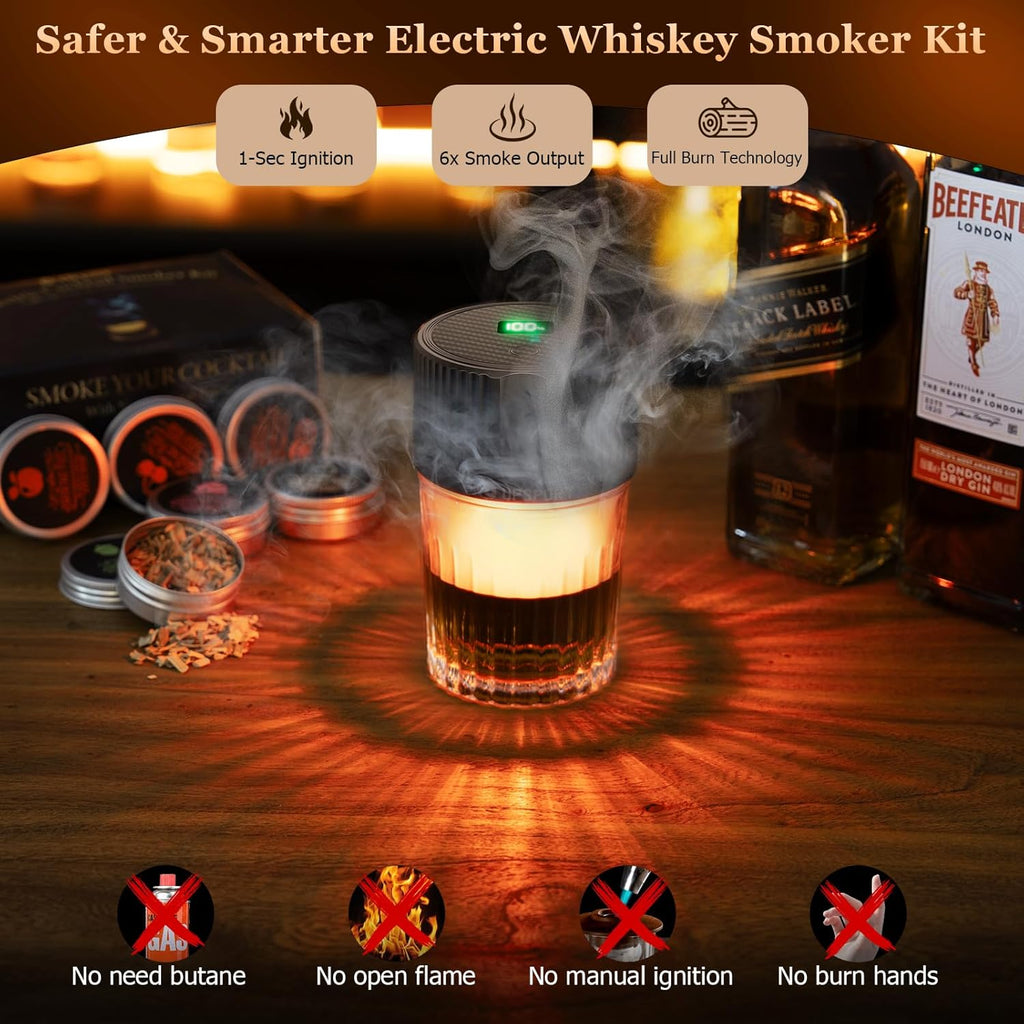 Old Fashioned Cocktail Smoker Kit - Rechargeable Electric Whiskey Smoker with 4 Light Modes & 6 Wood Chips
