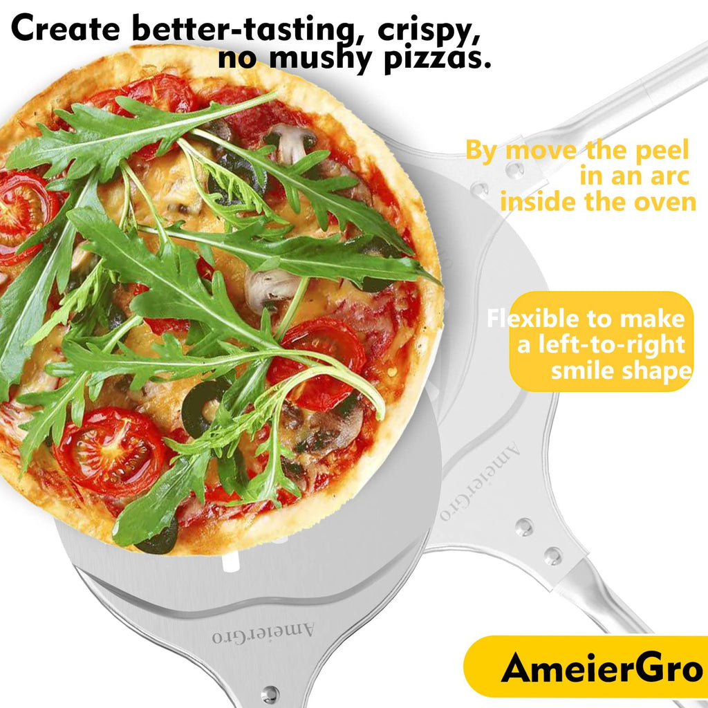 AmeierGro Pizza Turning Peel, 7 Inch Perforated Pizza Peel Turner, Adjustable Long Handle Pizza Spatula, Pizza Paddle Harden Anodizing, Pizza Oven Accessories for Pizza
