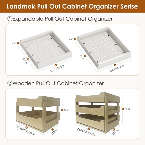 Landmok 2 Pack Expandable Pull Out Cabinet Organizer 16.5" Deep, Adjustable Width 12.6"-20.5", No Drill Adhesive with Triple Track Rails, Heavy Duty Slide Out Drawers for Kitchen,Pantry,Cabinets,White