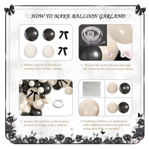 Black Sand White Balloon Garland Arch Kit, Coquette Birthday Decorations 158Pcs Black Bow Long Balloons Sand White Balloons Different Size for Wedding Bridal Engagement Bachelorette Party Decorations
