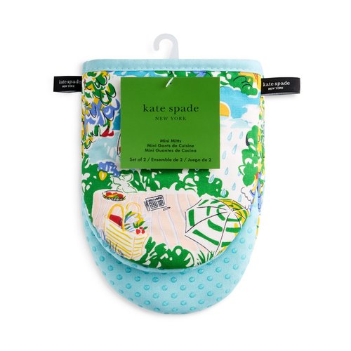 Kate Spade New York Spring Garden Mini Oven Mitt 2-Pack Set, Heat Resistant, 100% Cotton with Printed Non-Slip Silicone Grip, Blue/Green/Beige, 5.5"X8"