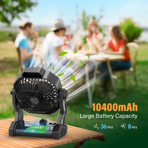 JINLICTE 10400mAh Solar Fan with LED Lantern, Camping Fan with 7W Solar Panel, Rechargeable Solar Powered for Outside, Quiet Battery Operated Tent for Picnic, Barbecue, Fishing, Travel