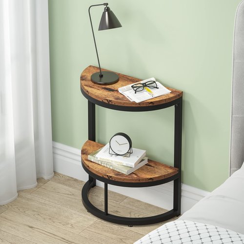 Tribesigns End Table Semi Circle, Small Half Round Side Table with Storage Shelf, Wood Accent Table Slim C Table for Sofa Couch, Living Room, Bedroom, Easy Assembly (Rustic Brown & Black, 2-Tier)