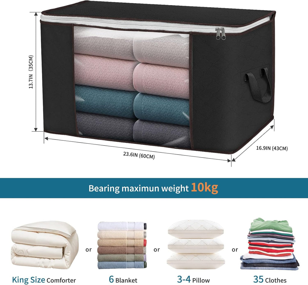 Skiennix Large Storage Bags - 8 Pack Foldable Closet Organizers with Durable Handles | Black, 90L Capacity