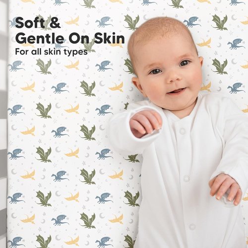 KeaBabies Organic Crib Sheets - 2-Pack Fitted Jersey Cotton for Baby Bed | Soft & Cute Dragon Tale Prints, 52x28