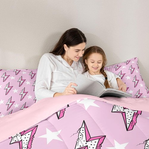 Homewish Lightning Light Print Kids Comforter Set Twin Size,Boys Girls Adults Bedroom Decor,Abstract Stars Polka Dots Down Comforter,Stylish Chic Bedding Set,Pink Romantic Duvet Insert,1 Pillowcase