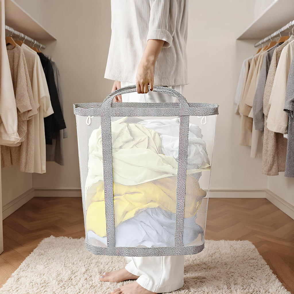 Portable Laundry Hamper (11 Gallon), Mesh Laundry Tote with 4 Hanging Cords&Sturdy Handles, Foldable Large Capacity Laundry Basket for Bathroom, Dorm, Bedroom or Travel