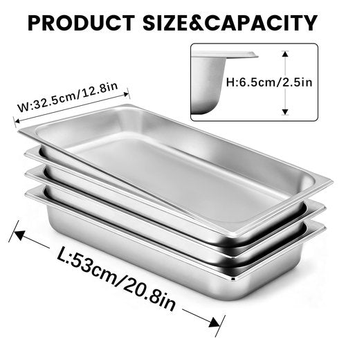 Hotel Pans Deep Steam Table Full Size Pan Set, Steam Table Pans with Lids, Stainless Steel Commercial Food Storage Containers Stackable Metal Steamer Pan (2.5" Deep 4 Pack, 1/1 Size)