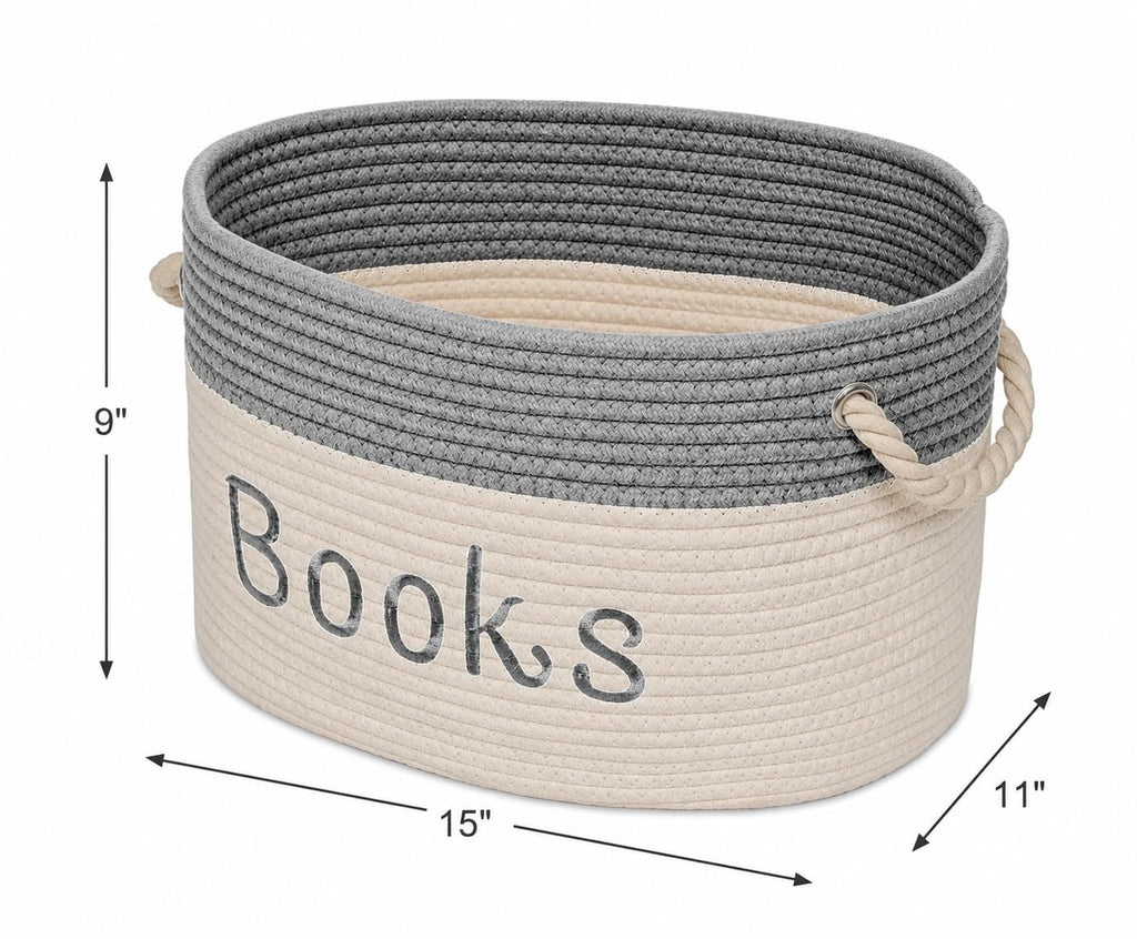Embroidered Tote Bin - 15 x 11 x 9 - Storage Basket for Nursery - Large Storage Box - Organizing Bedroom, Closet, Classroom (White Book Basket)