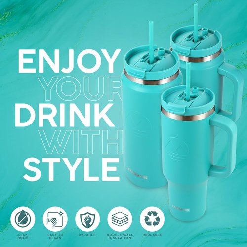 FAHRMOSIS 64 Oz Tumbler with Handle and Straw Half Gallon Water Bottle Stainless Steel Travel Mug for Hot & Cold Drinks, Reusable Water Bottle with Lids and Straw - Teal