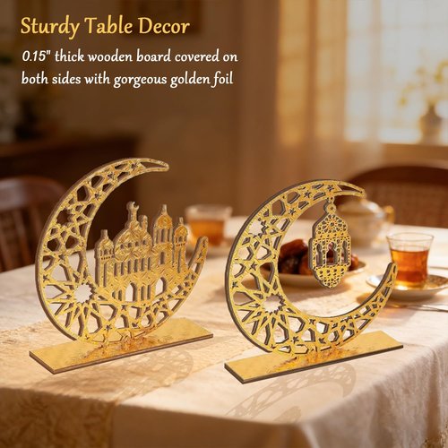 Ramadan Decorations, 2 Pieces Wood Ramadan Decorations for Home, Gold Islamic Crescent Moon & Mosque Table Sign, Ramadan Mubarak Kareem Home Decor Art Craft for Muslim, Eid Centerpieces Decor