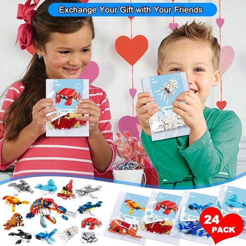 JZILU 24 Packs Valentines Day Gifts for Kids with Sea Animal Building Blocks, Valentines Day Cards for Kids School Exchange, Bulk Valentines Toys for Boy Girls Classroom