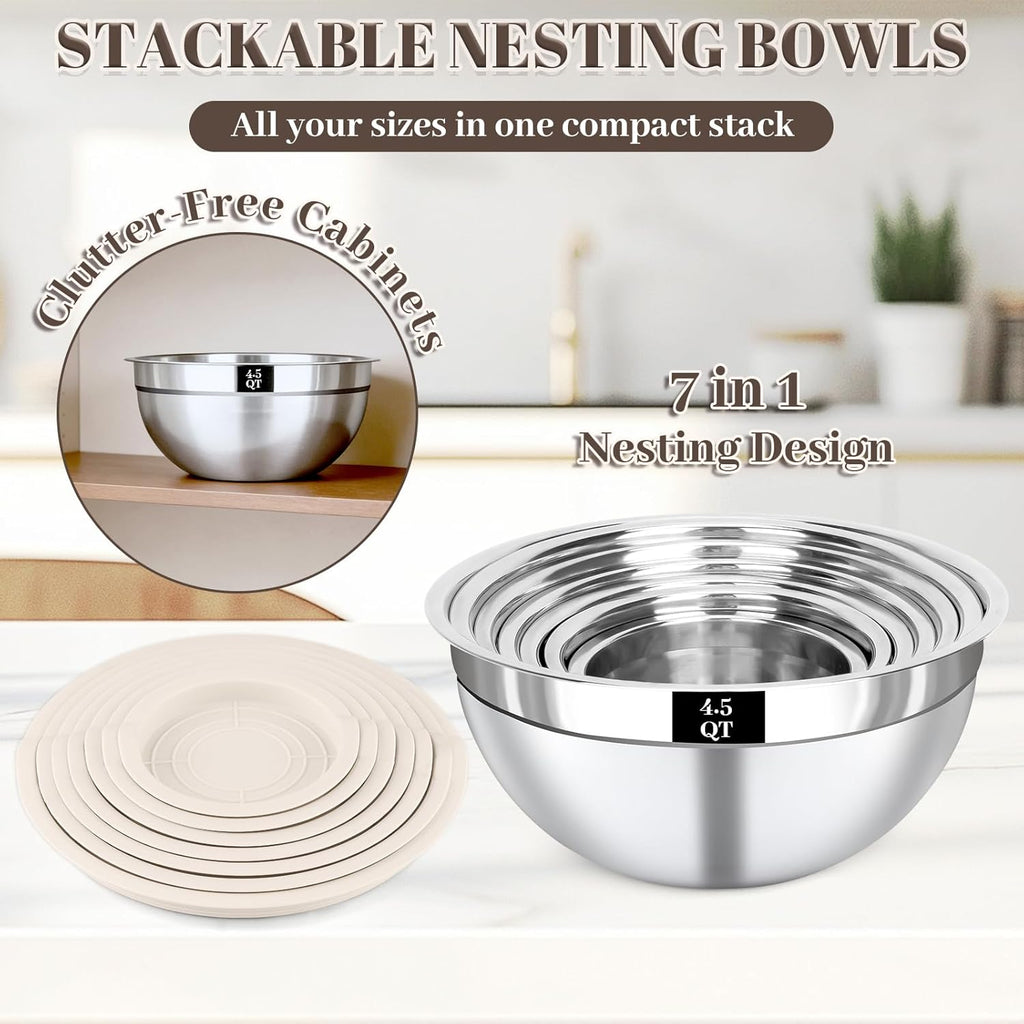 Stainless Steel Mixing Bowls Set by [Brand Name] - 7PCS Nesting Bowls with Lids for Baking & Meal Prep | Dishwasher Safe, Khaki