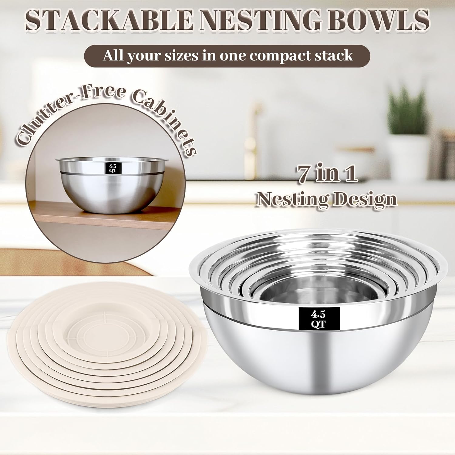 Stainless Steel Mixing Bowls Set by [Brand Name] - 7PCS Nesting Bowls with Lids for Baking & Meal Prep | Dishwasher Safe, Khaki