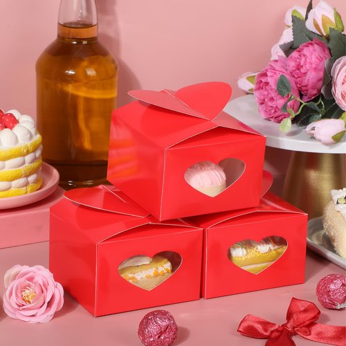 Fullhawl 15 Pcs Valentine's Day Heart Cupcake Boxes with Window Red Valentines Cupcake Treat Boxes Candy Cookie Box Gift with Stickers for Candy Cookie Dessert Homemade Bakery Party
