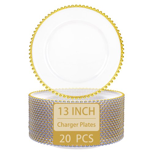 supernal 20pcs Clear Charger Plates,Gold Chargers Plates for Dinner,Beaded Plates 13 Inch Suitable For,Mother's Day,Easter Party and Birthday,Wedding