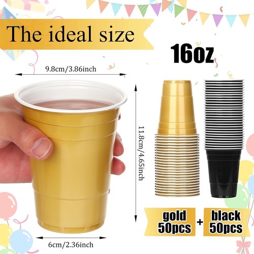 KesaPlan 100PCS 16 oz Black and Gold Disposable Plastic Cups - Perfect for Graduation, Weddings, and Parties