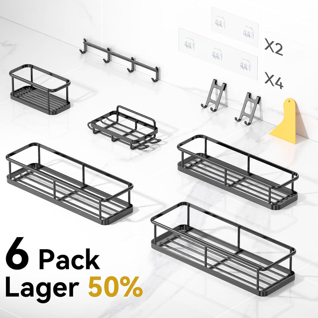YASONIC Shower Caddy - 100% Rustproof Adhesive Organizer with Soap Holder | 6 Pack Large Capacity Shelves