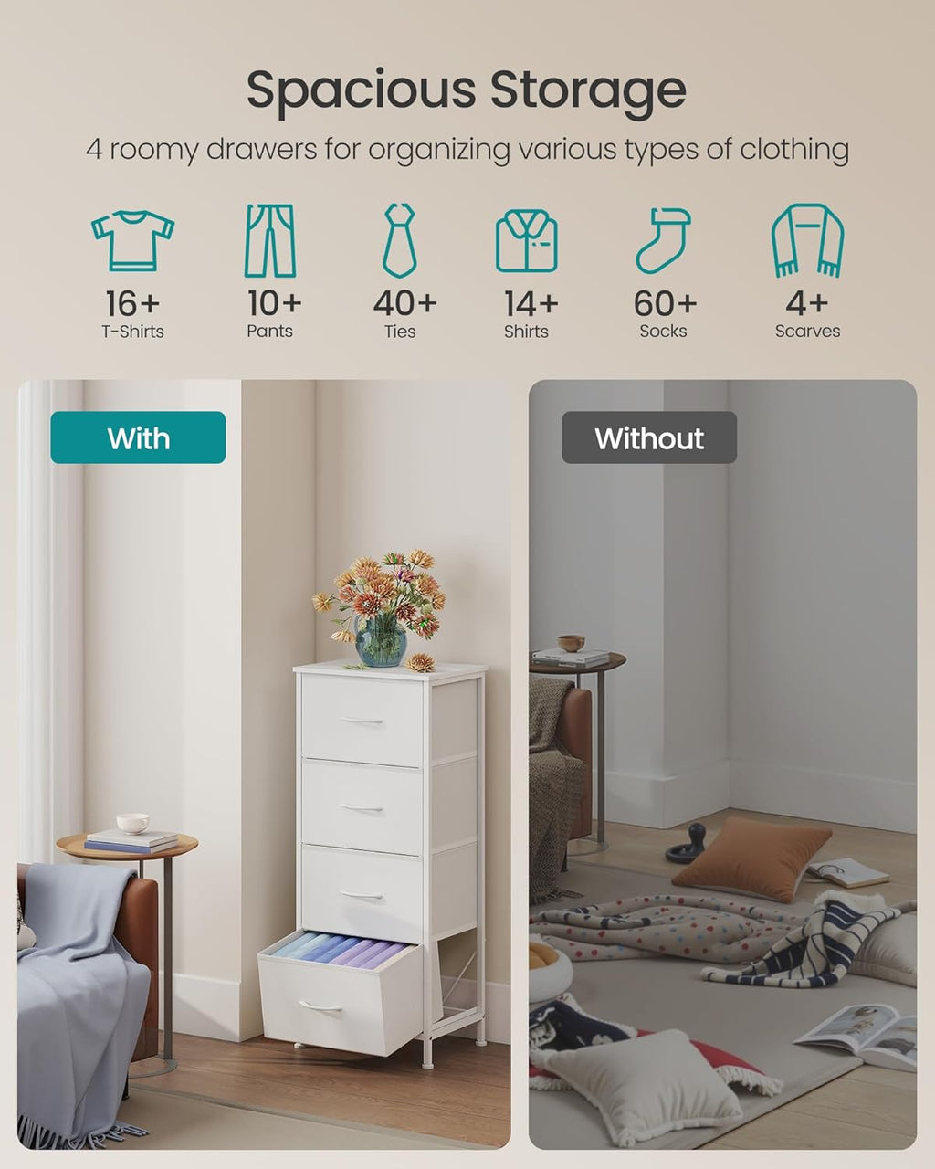 SONGMICS Dresser - Stylish Chest of Drawers with 4 Non-Woven Fabric Bins | Cloud White & Snow White