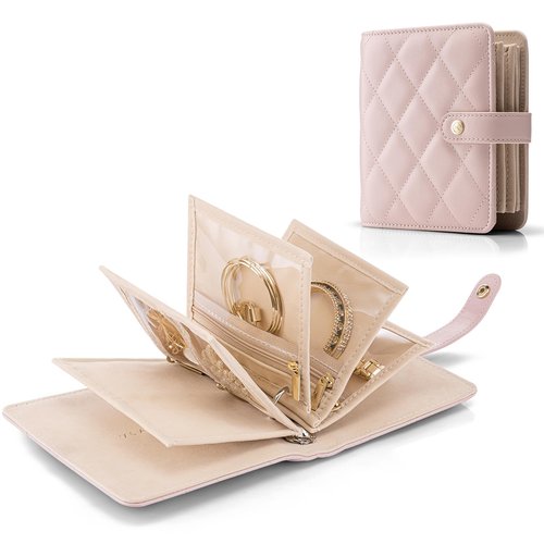 VLANDO Travel Jewelry Organizer Case,Gifts for Women,Portable Jewelry Storage Book Ring Binder with Clear Zipper Velvet Pouch Bag for Traveling,Rings,Necklace,Earrings,Bracelets,Brooches-Sand Pink