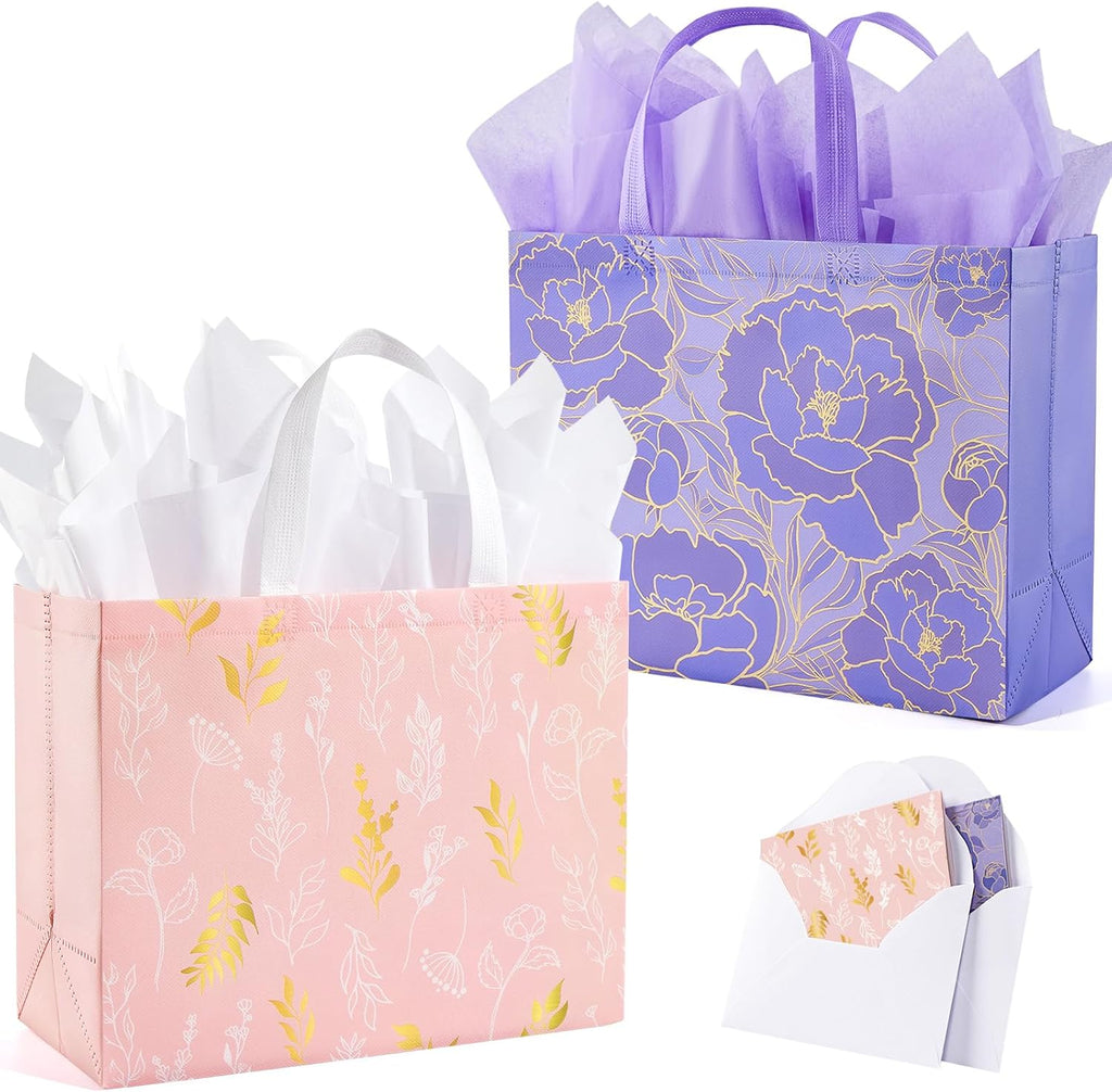 YANGTE 2 Pack 13" Large Reusable Gift Bags - Beautiful Design with Greeting Card & Tissue Paper for Birthdays, Weddings & Special Occasions
