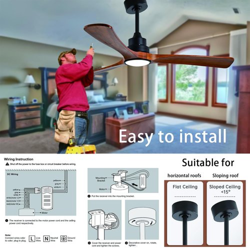 Gaizw 42 inch Ceiling Fan with Light and Remote Control, 3 Blades Ceiling Fans with Lights, Walnut Wooden Ceiling Fans for Kids Room Study and Garage,Reversible DC Motor,Noiseless Indoor Outdoor Fan