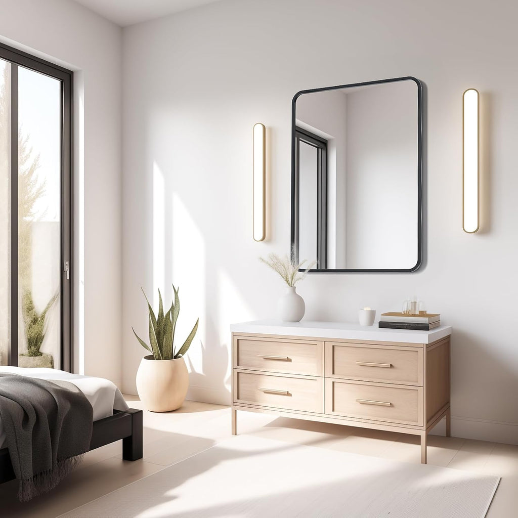 USHOWER Black Bathroom Mirror - 22 x 30 Inch Matte Black Rectangle Wall Mirror with Rounded Metal Frame