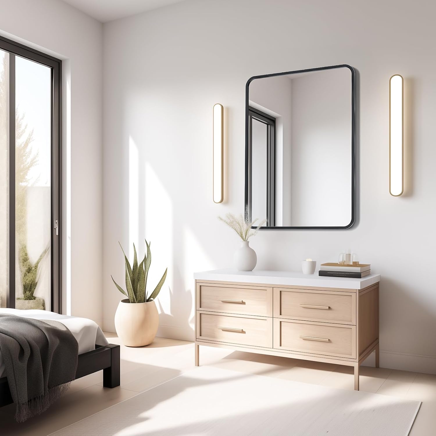 USHOWER Black Bathroom Mirror - 22 x 30 Inch Matte Black Rectangle Wall Mirror with Rounded Metal Frame