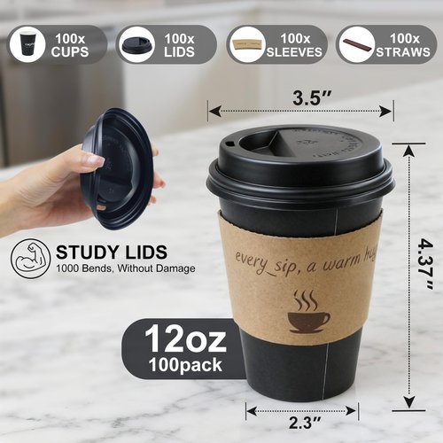 cuphug 100 Pack 12 oz Black Coffee Cups with Lids, To Go Paper Cups with Sleeves and Stirring Sticks, Insulated Disposable Coffee Cups for Hot/Cold Drinks and Daily Use