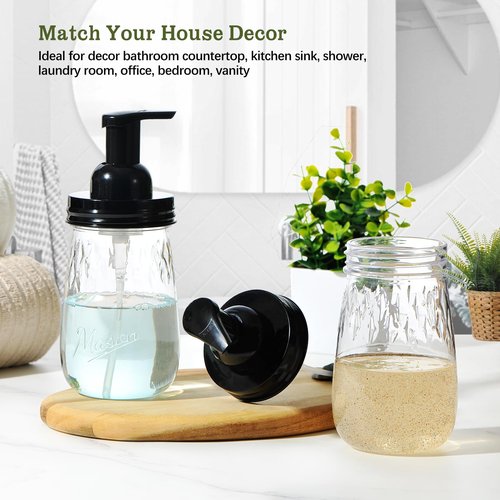 Amolliar 16Oz Foaming Soap Dispenser with Pump Lid, Plastic Refillable Foam Hand Dish Soap Dispenser Set, Clear Diamond Dispenser with Lable for Farmhouse Kitchen Bathroom (2 Pack, Black)