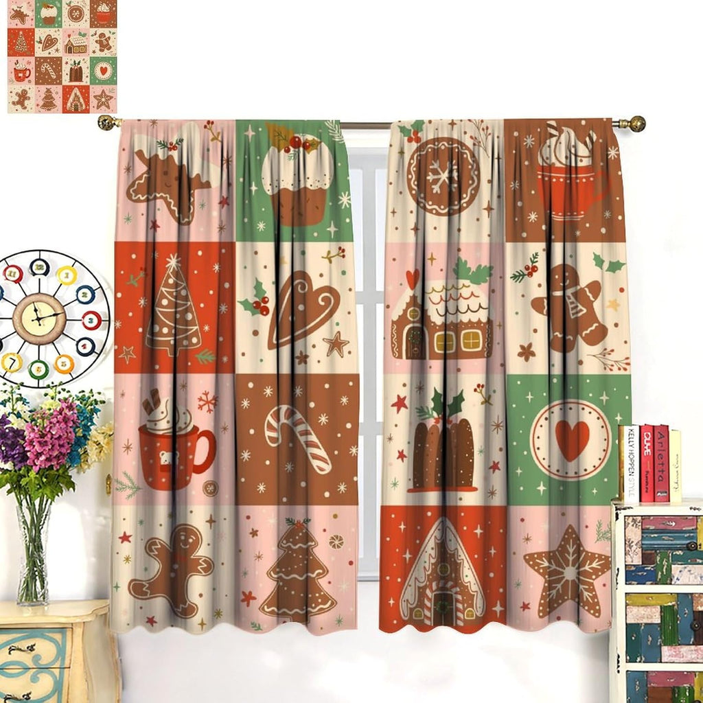 Regine Switzerland Christmas Patchwork Curtains - Hand-Drawn Gingerbread House Design | Winter Holiday Drapes (W20xL45 Inch) - Set of 2