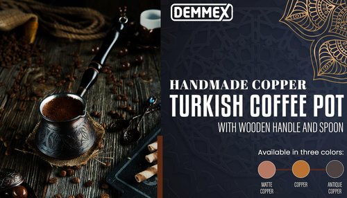 DEMMEX 15 Oz Thickest Copper Turkish Greek Arabic Coffee Pot, Stovetop Coffee Maker, Cezve Ibrik Briki with Wooden Handle & Spoon, Hand Engraved (Matte Copper, 6 Servings)