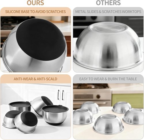 Deedro Premium Mixing Bowls Set - 22Pcs Stainless Steel with Airtight Lids | Non-Slip Silicone Base, Black