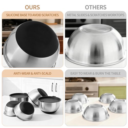 Deedro Premium Mixing Bowls with Airtight Lids Set, 22Pcs Thicker Stainless Steel Mixing Bowl Set, Large Prep Metal Bowls, Non-Slip Silicone Base Nesting Bowls for Kitchen, 1.5/2/3/4/5 QT, Black