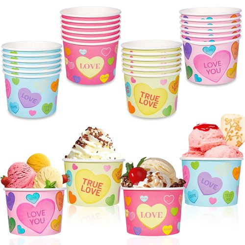 HOWAF 24pcs Valentine's Day Conversation Hearts Party Supplies Ice Cream Bowls,Candy Heart Disposable Treat Snack Cups for Sundae Hot or Cold Food Paper Party Cup 8 oz Paper Dessert Bowls