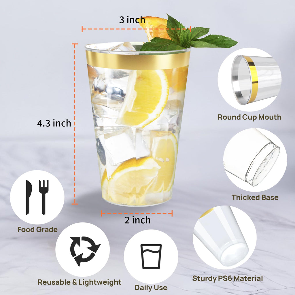 Byvivace 50counts 9 OZ. Disposable Cups Old fashioned Party Tumblers, 9 Ounce Squat Cups Gold Wine Glasses Hard Plastic Cups with Gold Rim