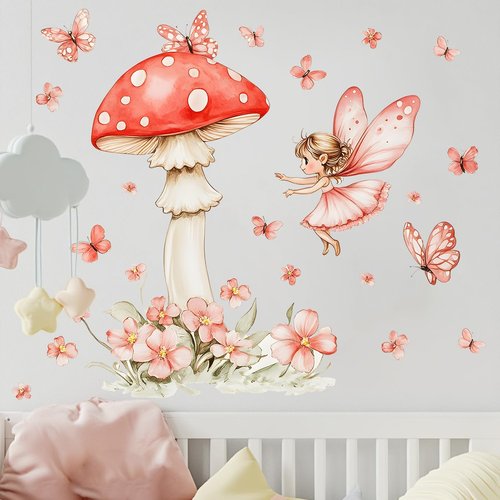 DRWSSR 2 Sheets Removable Cute Mushroom Fairy Wall Decals DIY Green Plants and Flower Wall Decals Peel and Stick Pink Butterfly Decal for Girls Home Nursery Bedroom Bathroom Decor