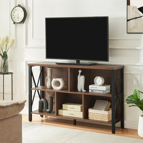 HOMISSUE Cube Storage Organizer Shelf, Rustic Horizontal Bookshelf with 5 Cubes, Industrial Short Wide Bookcase with 3 Tier Shelves, Low and Long Cubby Bookshelf for Living Room, Office, Brown