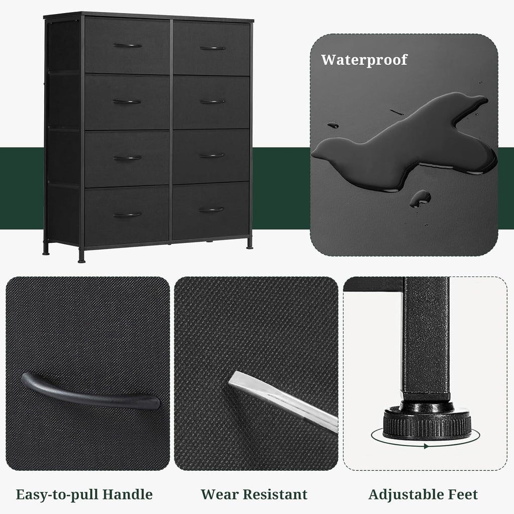Regine Switzerland 8-Drawer Dresser - Anti-Tip Storage Organizer with Wooden Top & Metal Frame | Black