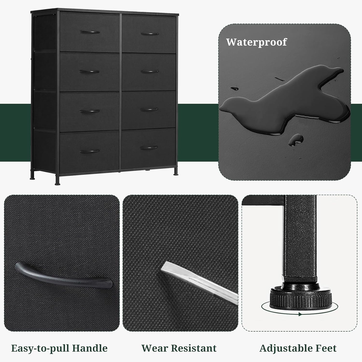 Regine Switzerland 8-Drawer Dresser - Anti-Tip Storage Organizer with Wooden Top & Metal Frame | Black