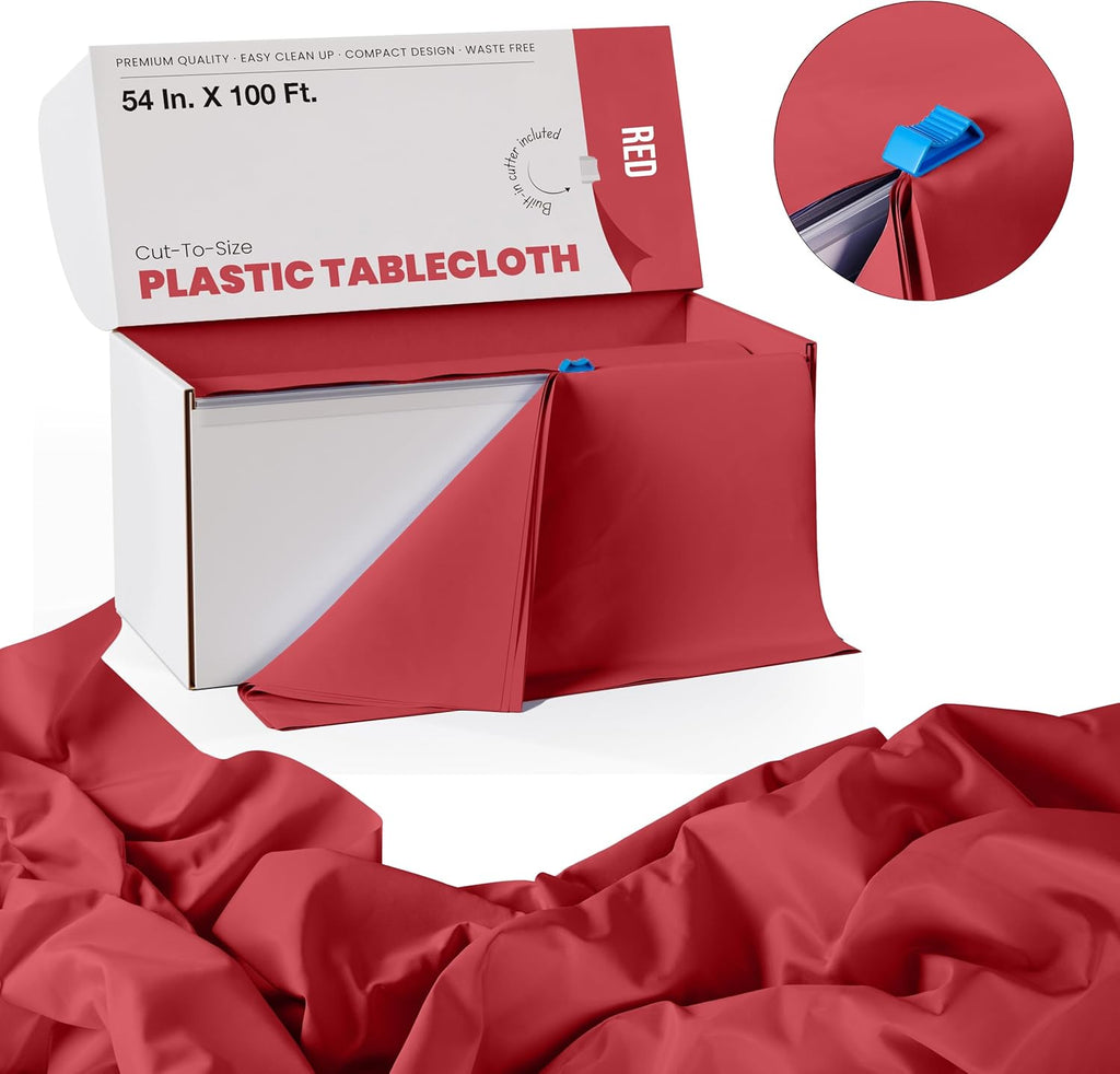 Party Solids Red Plastic Table Cover Roll - 54 Inch X 100 Feet with Convenient Slide Cutter